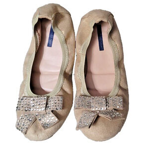 STUART WEITZMAN Gold Fannie Stardust Sz 3 Lace Ballet Flats Rhinestone Bow